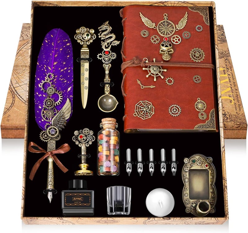 AIYNC Feather Pen Ink Set With Quill Pen, Notebook, 5 Replaceable Nibs, Seal Stamp, Spoon, Wax Beads, White Wax, Pen Holder, Cup, Envelope, Letter Paper, Envelope Tool (Purple) - Image 1